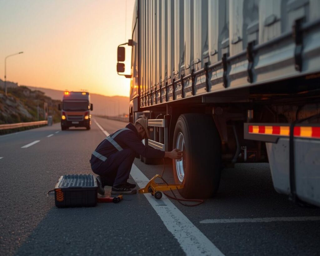 servicio móvil industrial reparando camión en carretera